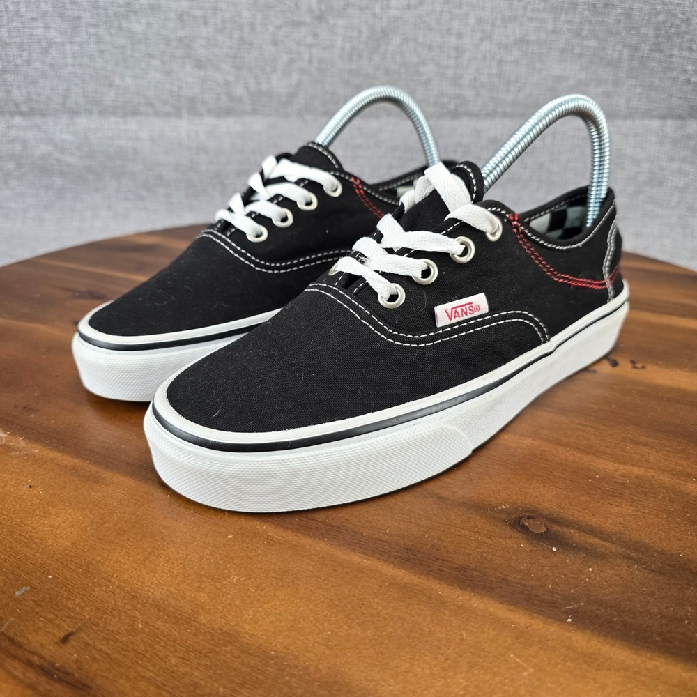 Vans‎ Authentic Black Canvas Low Top Sneakers Red Contrast Stitch Mens 5.5 / W 7 - Picture 3 of 15